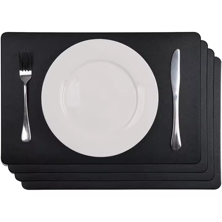 Set of 4 black synthetic leather placemats Easy to clean clean Waterproof Non-slip and oil resistant heat For home, kitchen, restaurant Black - 1