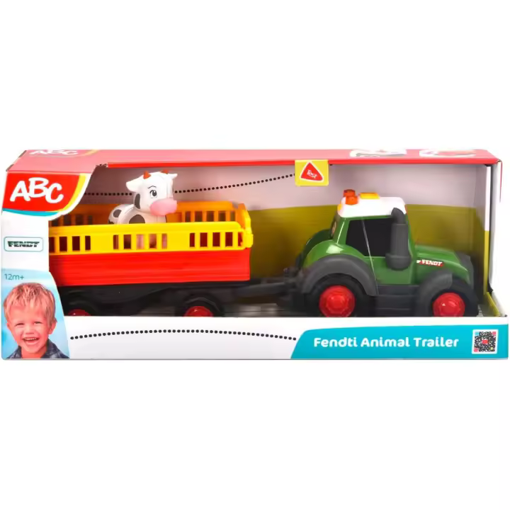 Dickie- Tractor de Granja ABC de Juguete Trailer Fendt (30 cm)- con Transporte para Animales y Vaquita, Vehículo de Juguete con Efectos de Luz y Sonido, para Niños a Partir de 1 año (Simba 204115011) - 1