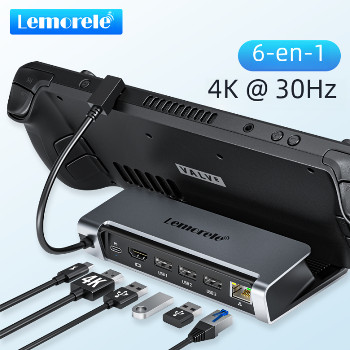 Estación De Docking Para SteamDeck Lemorele Base Stand Con 6 Puertos USB-C a HDMI 4K30HZ PD100W 1000M Ethernet Gigabit Consola Hub Soporte