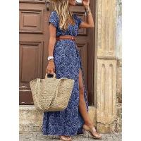 Vestido Bohemio De Verano Para Mujer Con Cuello En V Y Manga Corta Estilo Floral Casual Largo Hasta La Rodilla Con Cinturón - details 1