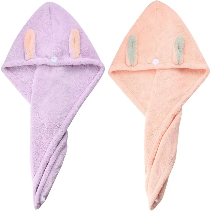 Toalla para el cabello, toallas tipo turbante, toallas de microfibra para secar el cabello para niños, mujeres, cabello húmedo, largo y grueso (paquete de 2, rosa y morado) - 1
