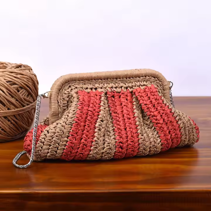 Bolso De Noche Hecho a Mano De Paja Bolso De Mano Estilo Casual With Patrón Rayado Bolsa De Viaje Para Fiesta Y Vacaciones - 1