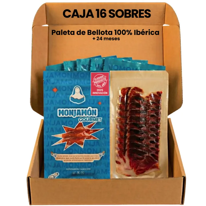 16 SOBRES DE Sagrada PALETA DE BELLOTA 100% IBÉRICA 24 meses PREMIUM - Pata Negra - 80gr/ud [ Elegido Producto del Año 2025] - Brida Negra - Calidad  Gourmet.  Pocas Unidades - 1