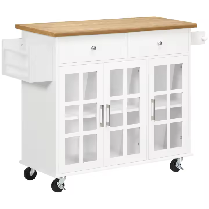 HOMCOM Carro de Cocina Isla de Cocina con Ruedas Multifuncional con 2 Cajones 3 Puertas de Vidrio Templado Toallero y Especiero 124,5x39,5x90 cm Blanco - 1