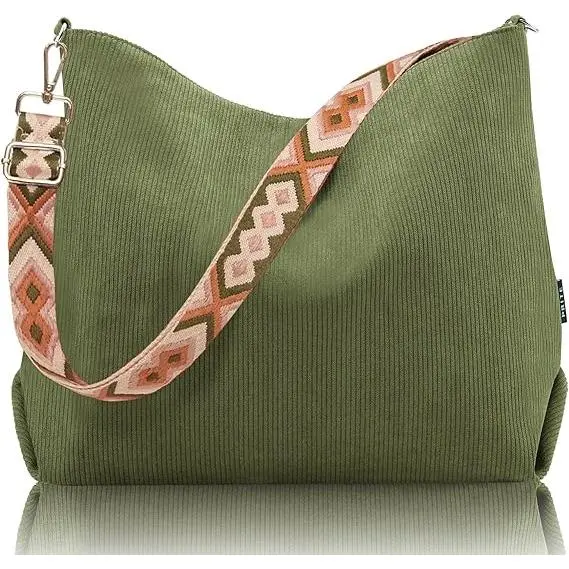 Bolso de mano de pana para mujer con cremallera, bolsos de hombro de gran capacidad con correa ajustable y bolsillos - 1