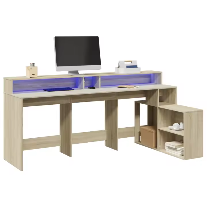 vidaXL Escritorio con luz LED madera ingeniería 200x104x91 cm en color Blanco/Roble Sonoma/Marrón roble y más | estructura resistente ideal para salón dormitorio o estudio - 1