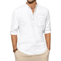 Camisa De Algodón Y Lino Para Hombre Manga Larga Estilo Casual Para Playa Camiseta Henley Con Bolsillo Top De Vacaciones Streetwear - details 6