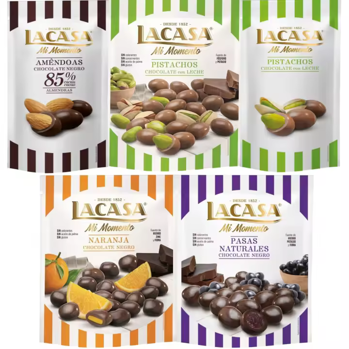 Lacasa Mi Momento pack de 5:Pistacho Chocolate Leche,Almendra 85% ,Pasas Chocolate Negro ,Naranja Chocolate Negro ,Pistacho Chocolate Leche - 1