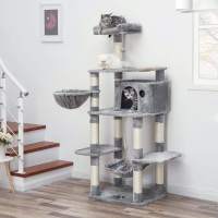 Rascador para gatos de varios niveles de 174 cm, incluye tazón de comida, postes de sisal, cesta flotante, caseta, en antracita o gris claro - details 2