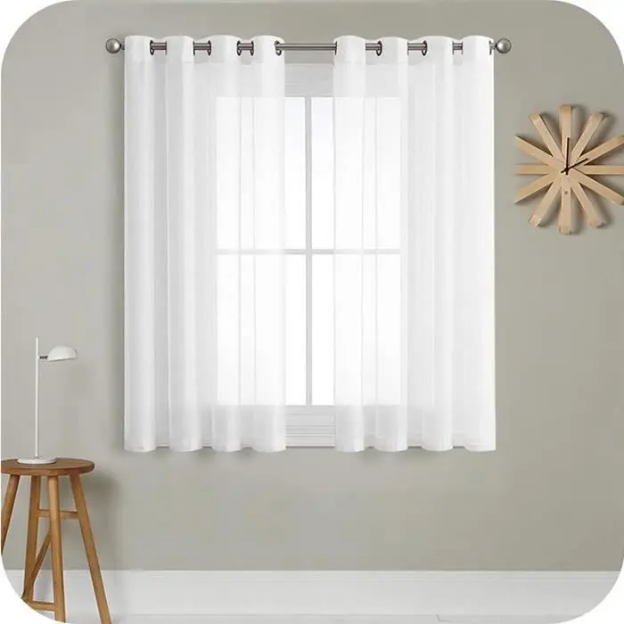 Cortina transparente blanca de 2 piezas de 140 x 160 cm con ojales, semitransparente, efecto lino, decoración de interiores para sala de estar, ventana, moda - 1