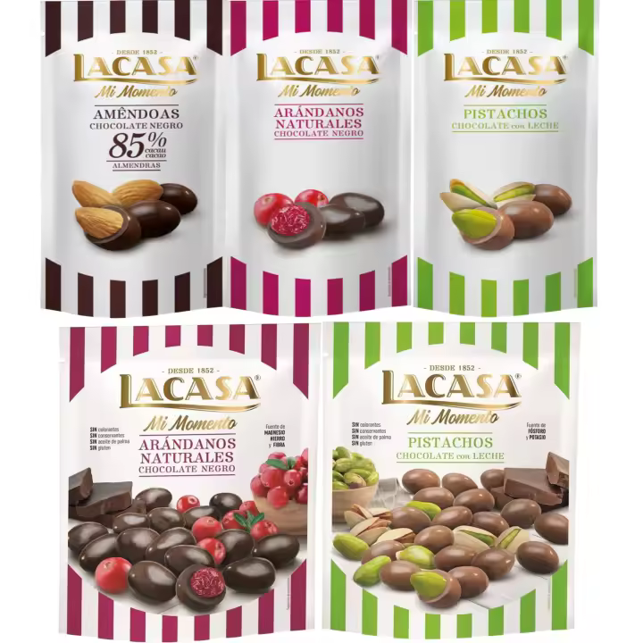 Lacasa Mi Momento pack de 5:Arándano  Negro 60 G,Pistacho  Leche 50 G,Almendra 85% 65 GArándano  Negro 125 G,Pistacho  Leche 100 G - 1