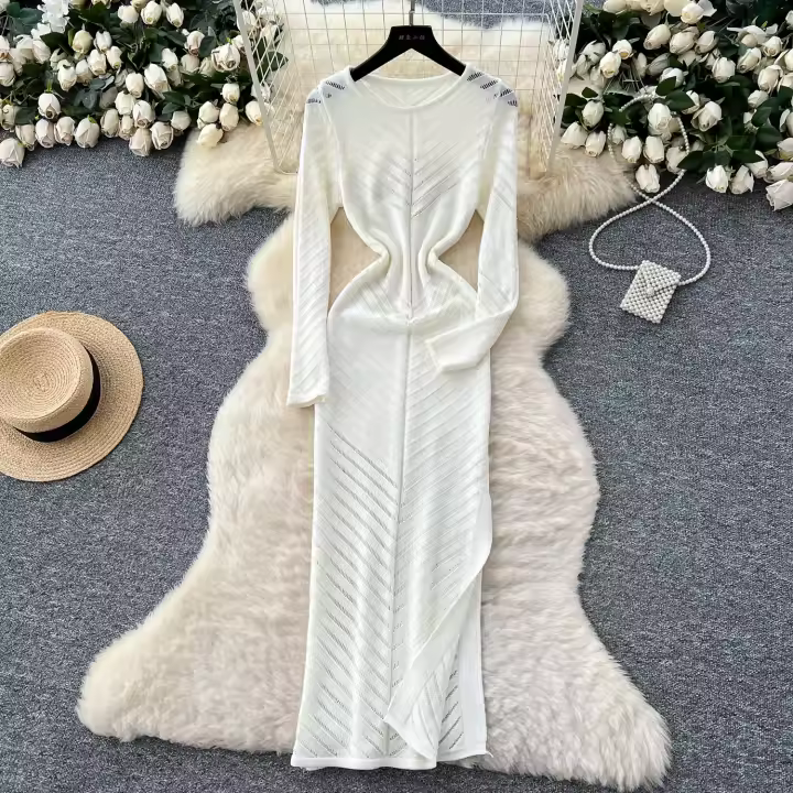 Vestido Largo Vintage De Cintura Alta REALEFT Para Mujer Con Cuello Redondo Manga Larga Y Abertura Lateral Vestido De Encaje Tricotado - 1
