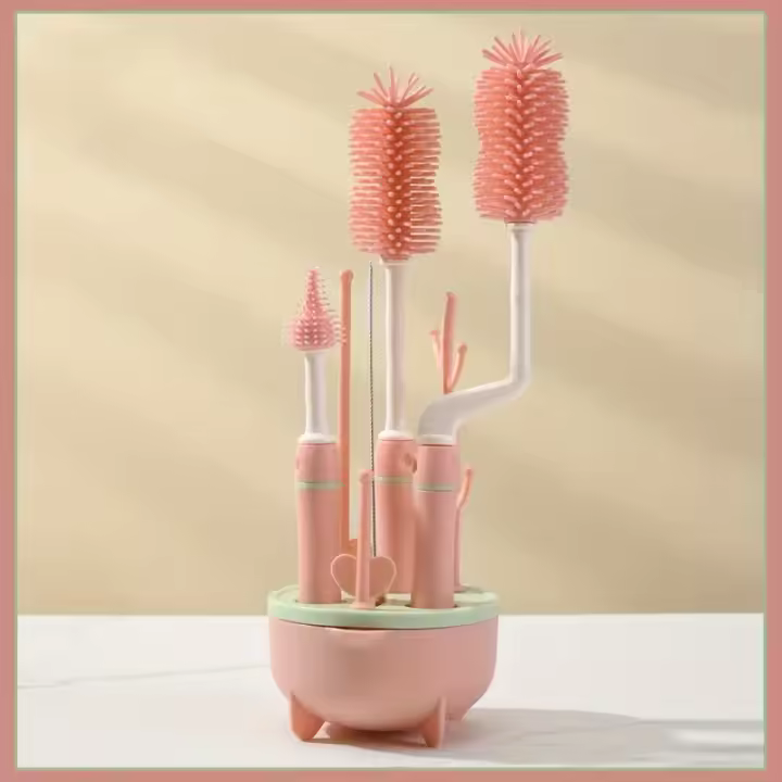 Juego De Limpieza Para Botella De Bebé Portátil 6 En 1 Con Soporte De Secado 2 Cepillos De Silicona Cepillo De Concha Y Caja De Almacenamiento - 1