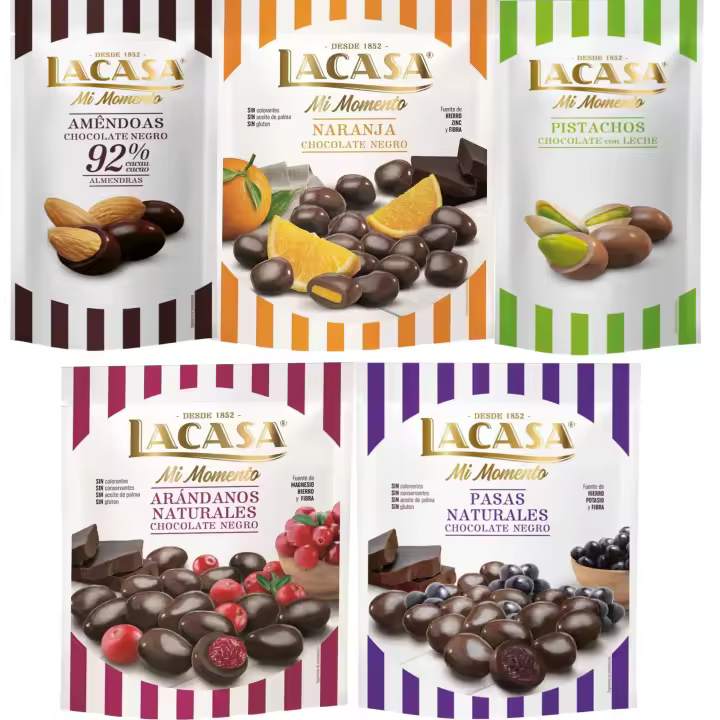 Lacasa Mi Momento pack de 5:Pistacho Chocolate Leche ,Almendra 85% ,Arándano Chocolate Negro ,Pasas Chocolate Negro ,Naranja Chocolate Negro - 1