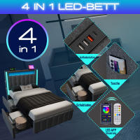Cama Upholsted Función de carga USB Type C Iluminación LED Y 2 cartuchos, Cama Juvenil 90x200 cm Cama individual Cama de almacenamiento Estructura de Cama Con base de listones de Madera, gris (with colchón) - details 0