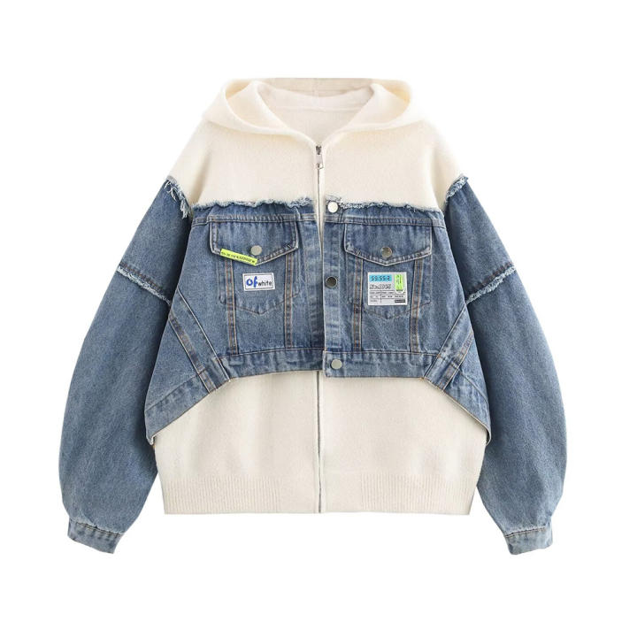 Autumn new fashionable women's clothing casual elegant design sense sweater denim patchwork jacket cardigan