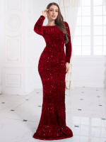 Vestido De Noche Largo En Rojo Real Con Lentejuelas Y Ajuste Corporal Manga Larga Estilo Mermaid Para Fiesta Vestido Sexy Y Club - details 8