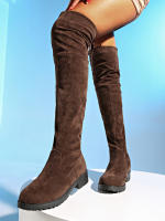 Botas De Invierno Para Mujer Marrón Hasta La Rodilla Cómodas Con Cordones Tacones Altos Y Suela Plana Botas De Gamuza Forradas Con Cierre De Lazo Fashion Y Cálidas - details 2