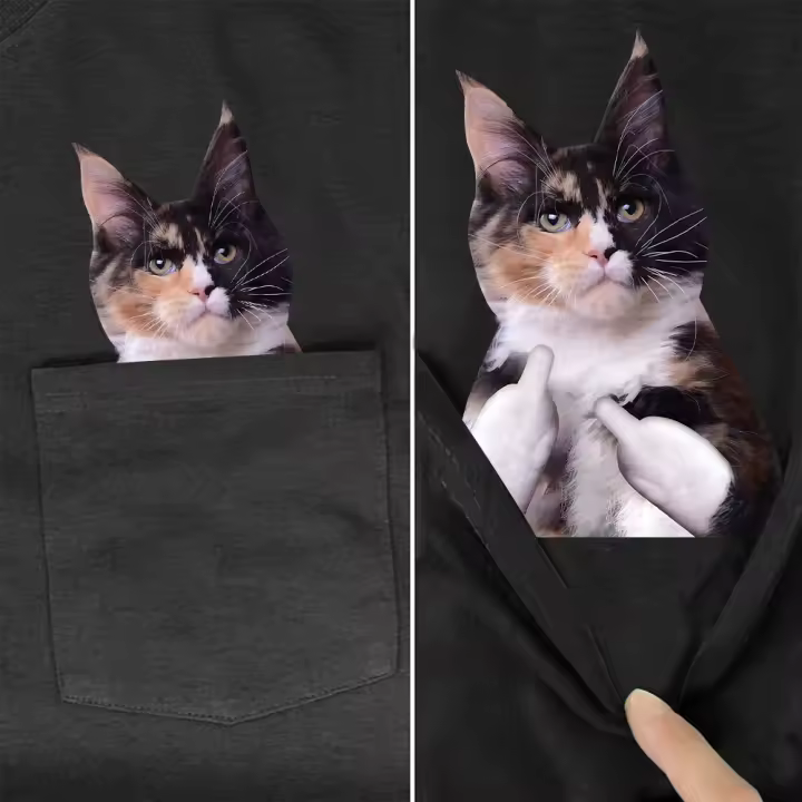 Camiseta De Algodón HX Maine Coon Cats Para Hombre Con Bolsillo Y Dedo Medio Doble Estilo Casual De Verano Manga Corta - 1