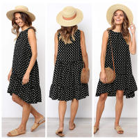 Vestido De Polka Dot Con Volantes Para Mujer Sin Mangas Cuello Redondo Corte Largo Casual Vestido De Verano De Polyester - details 8