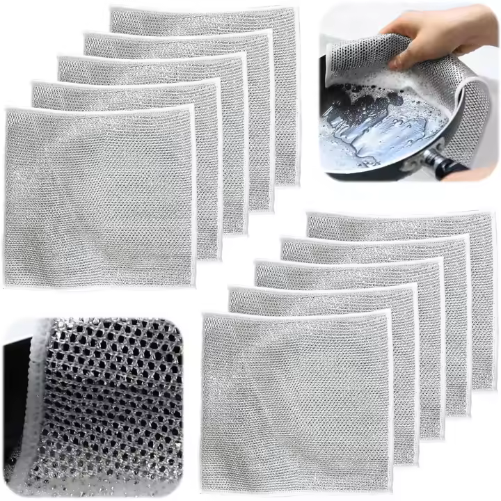 10 Trapos de Aluminio Multiusos para Lavar Platos, Plateados Resistentes a los Arañazos Paños de Cocina Húmedos y Secos, Reutilizables para Sartenes, Ollas, Estufas, Cocinas y Hogares - 1