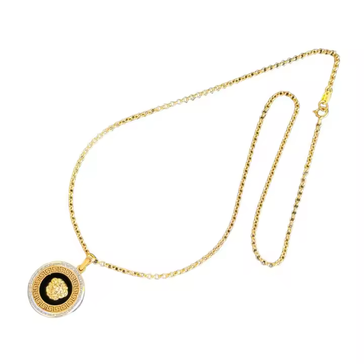 Conjunto Dúo Cadena Rolo 1.80 mm 45 cm  y Colgante Medusa con Ónix Oro 18 Kilates ( 750 m/m ) - 1