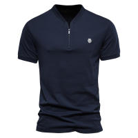 Camiseta De Algodón 100% AIOPESON Para Hombre Color Sólido Cuello V Con Cremallera De Calidad Alta Estilosa Casual Para El Verano - details 4