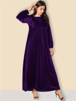 Vestido De Veludo Para Mujer Estilo Casual Largo Manga Campana Cuello Redondo Color Sólido Vestido Largo Con Corte Amplio - details 15