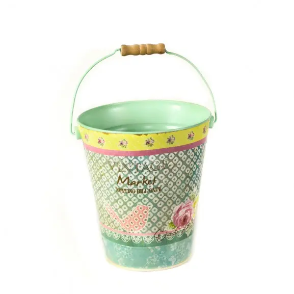 TAPIDECOR Cubo Metal Verde Flores Rosa con Asa Decoración Hogar 18x21 Cm - 1