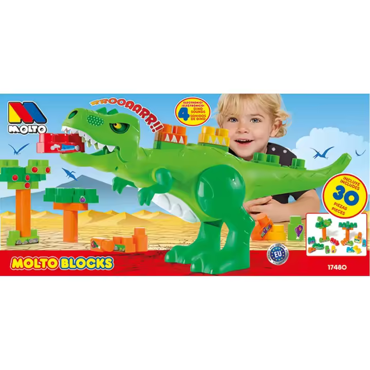 Juego construccion dinosaurio bloques 30 piezas ¡electrónico con 4 sonidos! (Molto 17480) - 1