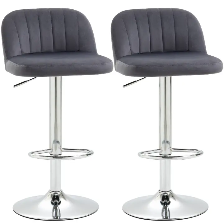 HOMCOM Juego de 2 Taburetes Altos de Cocina Tapizado en Teciopelo Taburetes de Bar con Altura Ajustable Asiento Giratorio y Reposapiés Carga 120 kg 43x45x81-101 cm Gris - 1