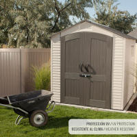 Lifetime - Caseta de jardín 4,4 m², suelo antideslizante, fabricada de polietileno HDPE, 2 ventanas, estantes incluidos, tejado inclinado, doble puerta con cerradura (candado no incluido), ideal para herramientas y almacenaje exterior - details 1