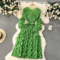 Vestido Elegante De Mujer 2024 Pleated Miyak Primavera Otoño V-Neck Suéter Beaded Exquisito Cinturón A-Line Midi Vintage Polyester - details 25
