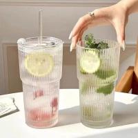 Taza De Café De Vidrio JIRO 600ML Con Estampado Rayado Y Palito, Tapa Incluida Para Agua Café Té Claro Utensilios De Cocina - details 2