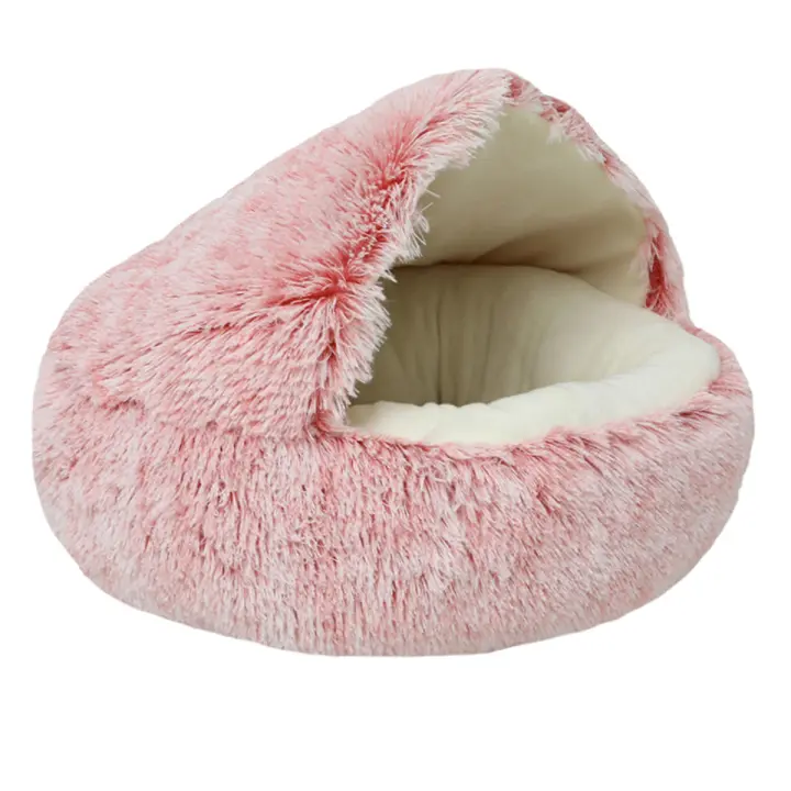 Camas calmantes para perros y cueva para gatos con funda con capucha, para mascotas pequeñas, cama mullida de piel sintética antideslizante, diámetro exterior 40 cm - 1