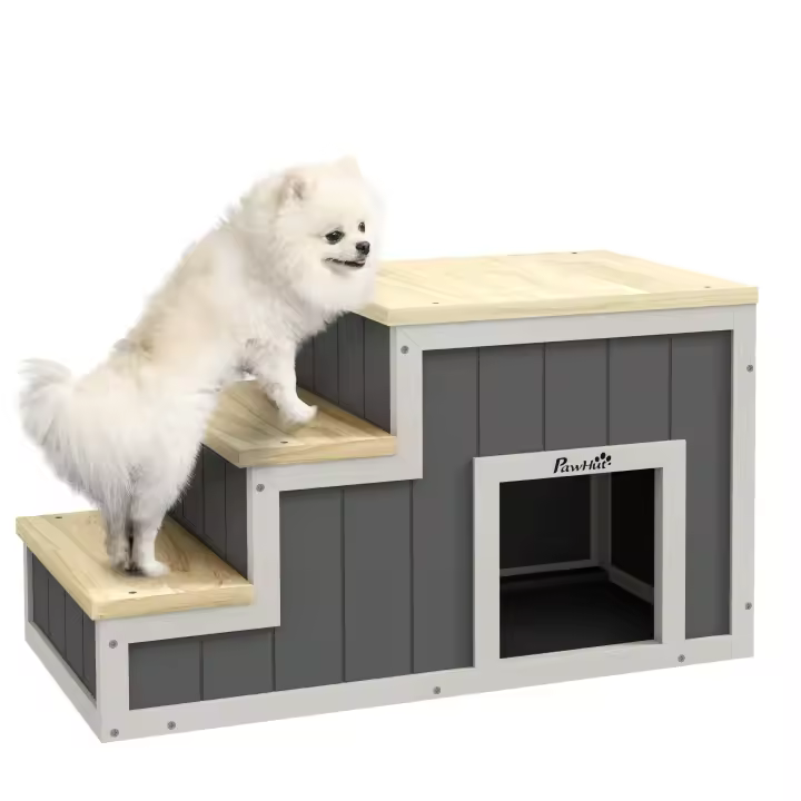 PawHut Escalera para Perros 2 en 1, Escalera para Gatos con Cueva, Escalera para Mascotas con 3 peldaños, Rampa de Madera para Mascotas, Escalera para Gatos, Capacidad de Carga hasta 30 kg, para sofá, Cama, Natural, Gris - 1