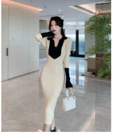Vestido Elegante De Lana Con Bloque De Colores Y Encaje H Han Queen Para Oficina Y Fiesta Vestido Largo De Manga Larga Para Mujer Moda Otoño - details 5