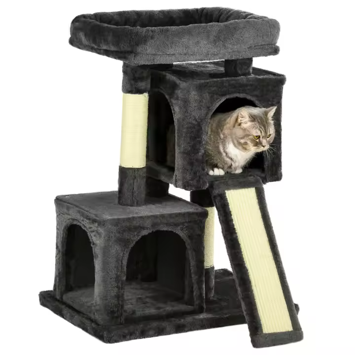 PawHut Árbol Múltiples Actividades para Gatos Centro de Juegos para Mascotas con Postes y Tablero Rascador Cuevas Cama con Borde Elevado Tacto Suave 59x39x83 cm Gris Oscuro - 1