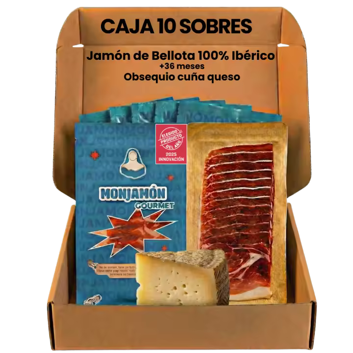 10 SOBRES DE JAMÓN DE BELLOTA 100% IBÉRICO +36 MESES PREMIUM+  QUESO Oveja Curado La Antigua REGALO - ELEGIDO PRODUCTO DEL AÑO  2025 - 1