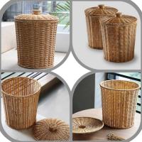 Woven Basket Trash Can Round Rattan Waste Basket with Lid Planter Woven Baskets Wicker Wastebasket - details 0