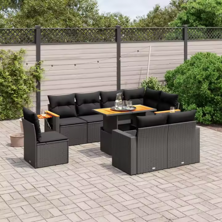 vidaXL Set de sofás de jardín 8 piezas y cojines ratán sintético negro - 1