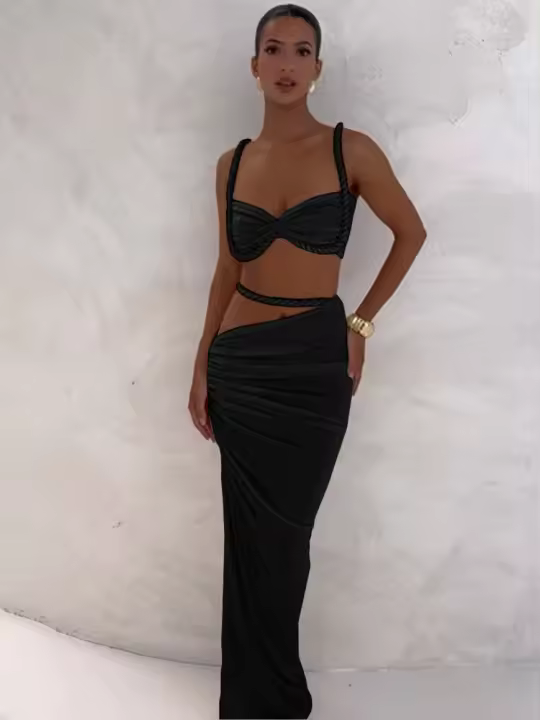 Conjunto De 2 Piezas Ruched Bandage Puss Para Mujer Verano 2025 Traje De Fiesta En Playa Estilo Sexy Con Collar Cuadrado Y Falda Larga Sin Mangas - 1