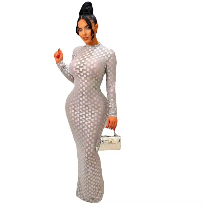 Vestido Elegante De Mujer Con Mangas Largas Y Cuello Redondo Estampado En Cuadros Ajustado Hasta La Cintura De Fiesta Vintage Vestido Largo Para Club Y Fiestas - 1