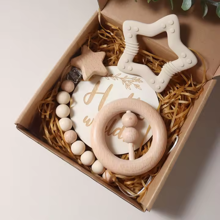 Juego De Regalo Para Bebé Recién Nacido Mordedor De Silicona Estrella Y Golondrina Rattle De Madera Propiedades Fotográficas Para Niños Y Niñas De 0 a 1 Año - 1