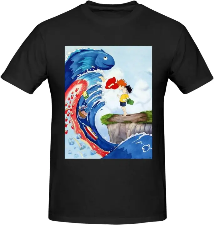 Ponyo and Sosuke-Camisetas estampadas de manga corta para hombre, ropa informal de algodón con cuello redondo, color negro, novedad - 1