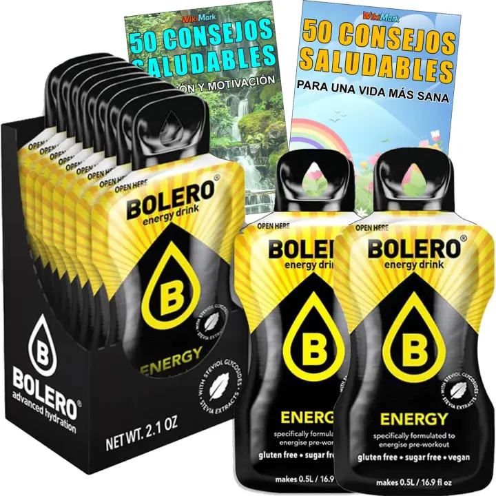 Lote Bebida Bolero (24 x 7 Gr) Sabor ENERGY KOLA Hidratante con Vitamina C, Sin Azúcar + Tarjeta con 100 Consejos Saludables y Vida Sana x WikiMark (24 Sobres + Tarjeta 100 Consejos, ENERGY) - 1