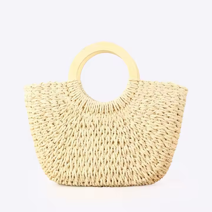 MOV Bolso tejido a mano con cuerda de papel y asa de madera, color liso, bolso sencillo, bolso de playa, bolso de mujer de gran capacidad. - 1