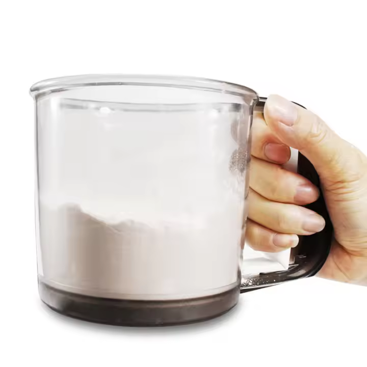 Semiautomático de plástico tamiz de harina con malla de acero inoxidable 304, 15,5x11X10,2 cm, herramienta para hornear para harina/cacao en polvo - 1