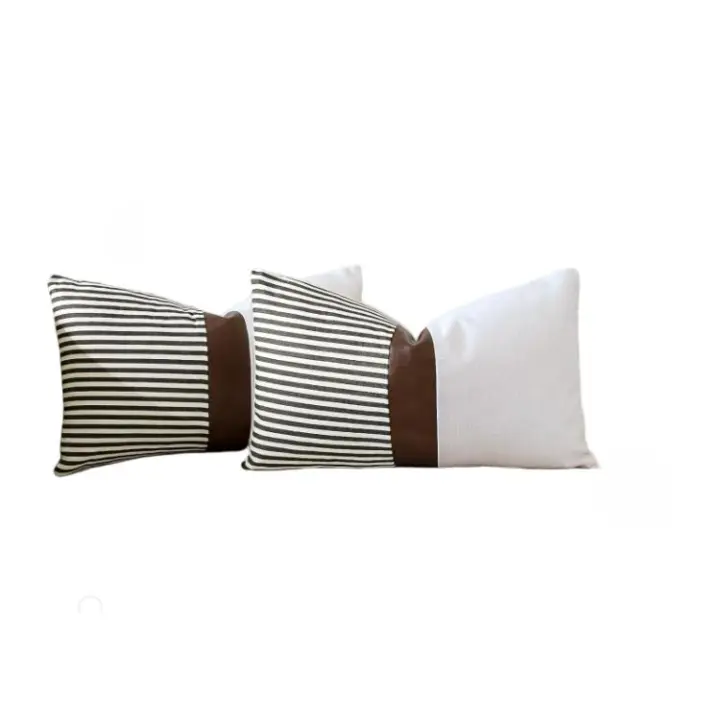 Pack de 2 Fundas de Cojín con Relleno - Almohadas Decorativas de Algodón y Lino con Rayas y Cuero Imitación - Ideal para Sofá, Salón o Dormitorio - 30x50cm - Marca REINO MANSIDI - 1