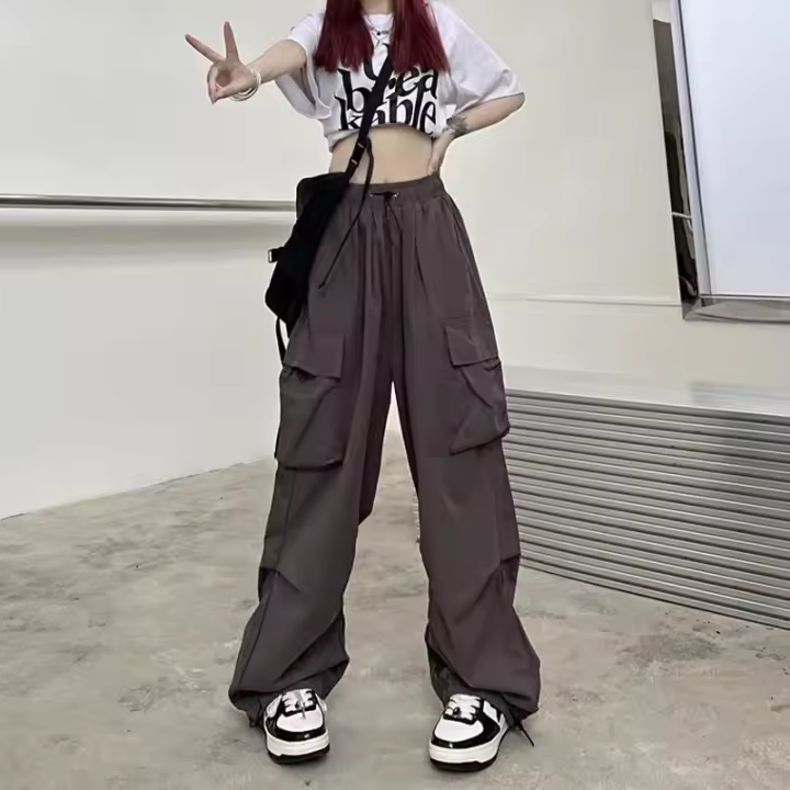 2024 Pantalones Casuales Para Mujer Tech Pantalones Sólidos Cintura Baja Con Cordón Pierna Ancha Estilo Baggy Y2k Streetwear Sobredimensionados - 1